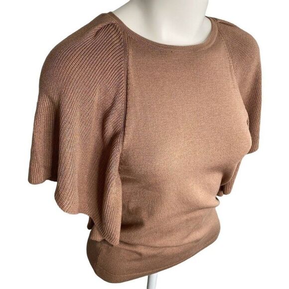 Prologue Brown Mocha Short Flutter Sleeve‎ Crewneck Sweater Top sz XS - Picture 2 of 9